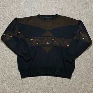 Vintage Michael Gerald XL Geometric Southwest Knit Sweater Black Brown‎